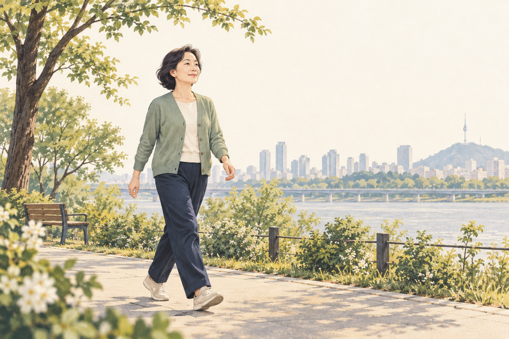 공원 산책로를 가볍게 걷고 있는 여성