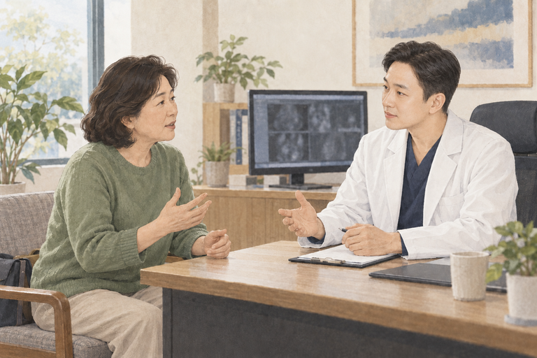한의사가 모니터의 척추 MRI 영상을 보며 환자와 상담하는 모습