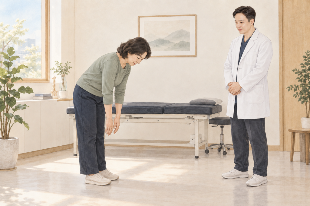 환자가 허리를 앞으로 숙이고 한의사가 움직임을 살펴보는 모습